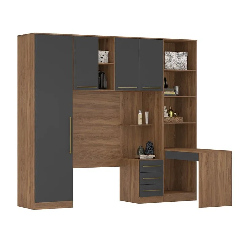 Quarto de Solteiro Modulado 5 Peças com Armário Aéreo + Escrivaninha Amêndola/Grafito - Demóbile