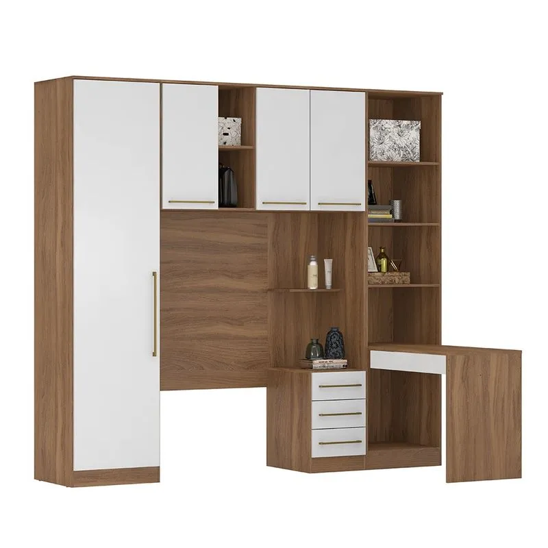 Quarto de Solteiro Modulado 5 Peças com Armário Aéreo + Escrivaninha Amêndola/Branco- Demóbile