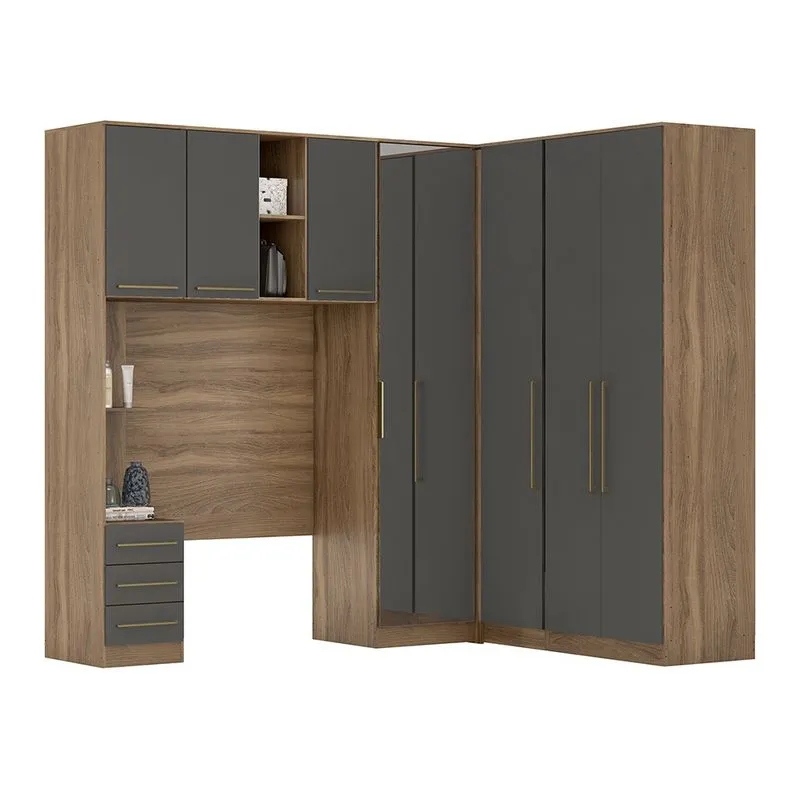 Quarto de Solteiro Modulado 5 Peças com Armário Aéreo Amêndola/Grafito - Demóbile