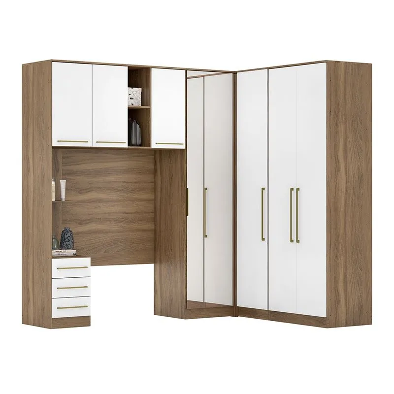 Quarto de Solteiro Modulado 5 Peças com Armário Aéreo Amêndola/Branco- Demóbile