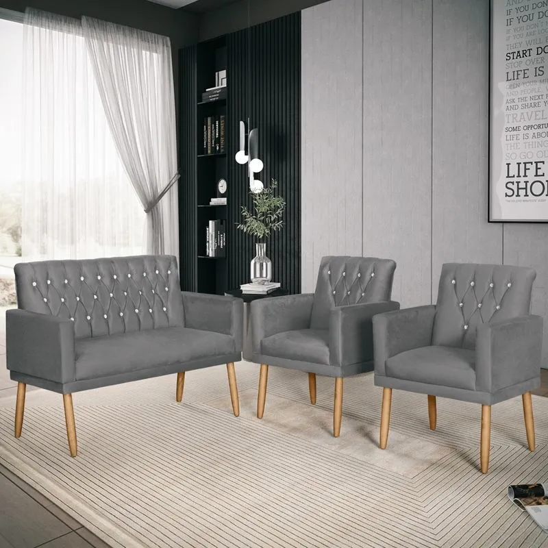 Kit Lux Namoradeira para Sala + 2 Poltronas Decorativas Cinza - az Decor