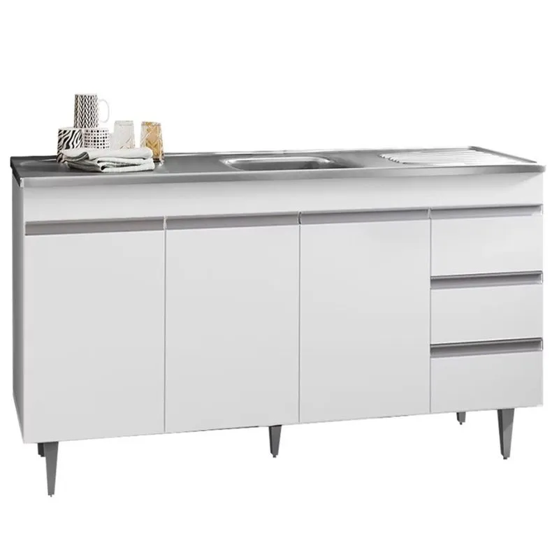 Gabinete Balcão Léia 1.50m 3 Portas 3 Gavetas s/ Tampo Cozinha Branco - ajl