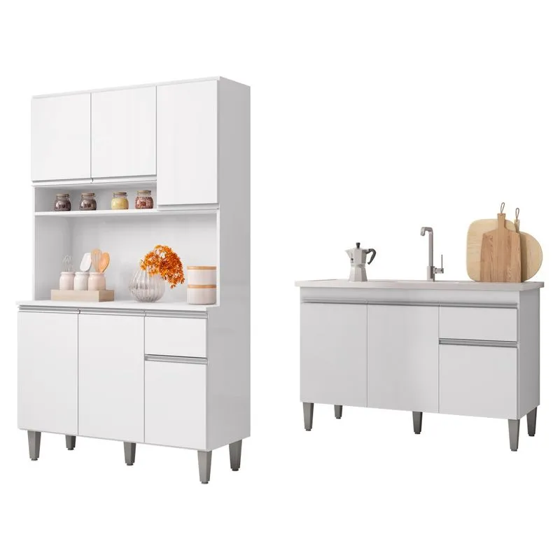 Balcão Ana 3 Portas + Kit Mariá 105cm 6 Portas 1 Gaveta Branco - ajl