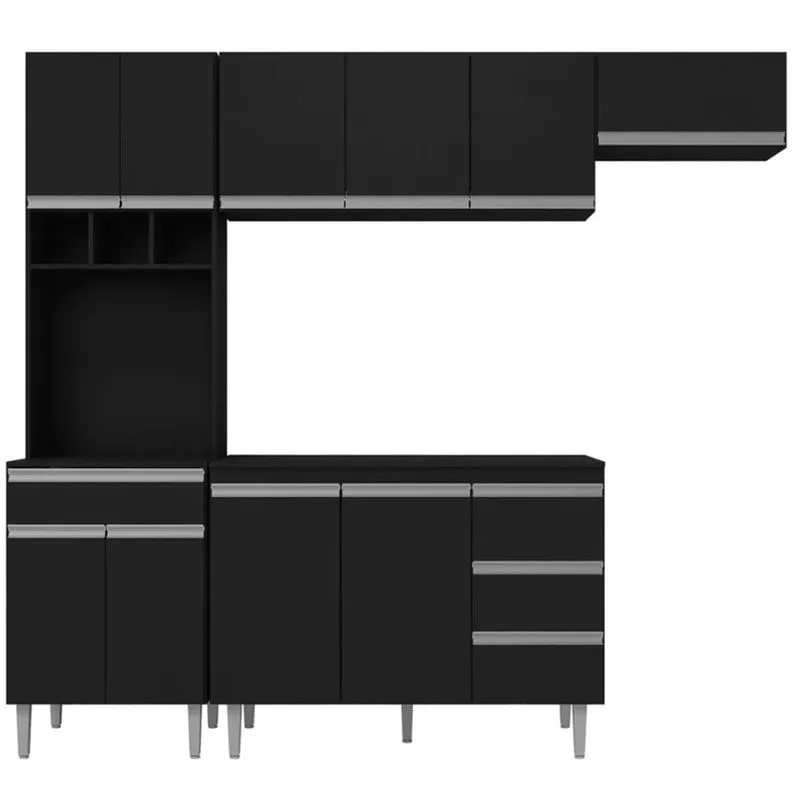 Cozinha Compacta Léia com Balcão 2 Portas + Armário Aéreo Geladeira Preto - ajl
