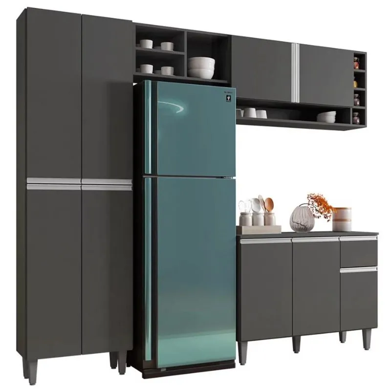 Cozinha Compacta Giovana Balcão 3 Portas + Paneleiro 4 Portas Cinza - ajl