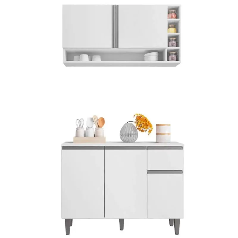 Kit Giovana Cozinha Balcão 3 Portas s/ Tampo + Aéreo 2 Portas Branco - ajl