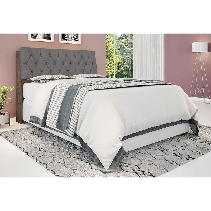 Cabeceira para Cama Box Casal Framar Isis Chocolate com Prateleiras e Revestimento Veludo Cinza Claro
