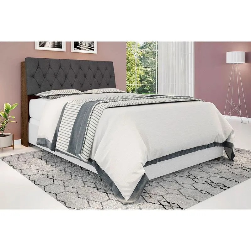 Cabeceira para Cama Box Casal Framar Isis Malbec com Prateleiras e Revestimento Veludo Cinza Escuro