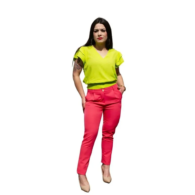 Calça Alfaiataria Rosa Feminina Reta Bolso Faca Recortes Barra