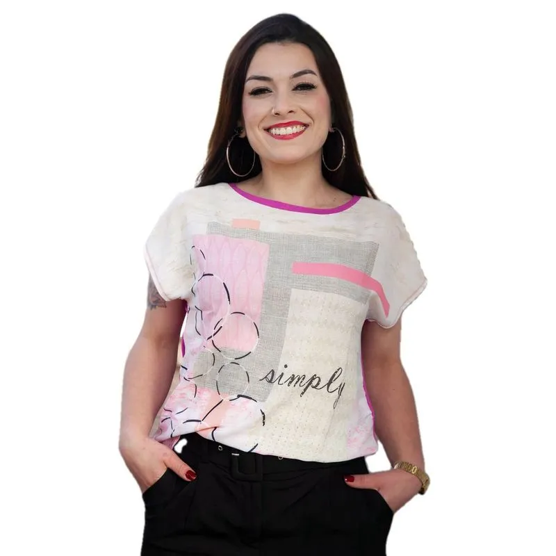 Blusa Feminina Manga Curta Estampada Lavanda Brilho Fashion