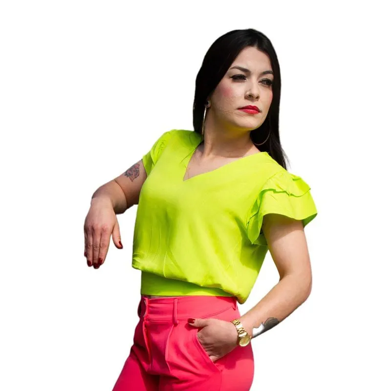 Blusa Cropped Feminina Manga Curta Babados Verde Lima Decote V