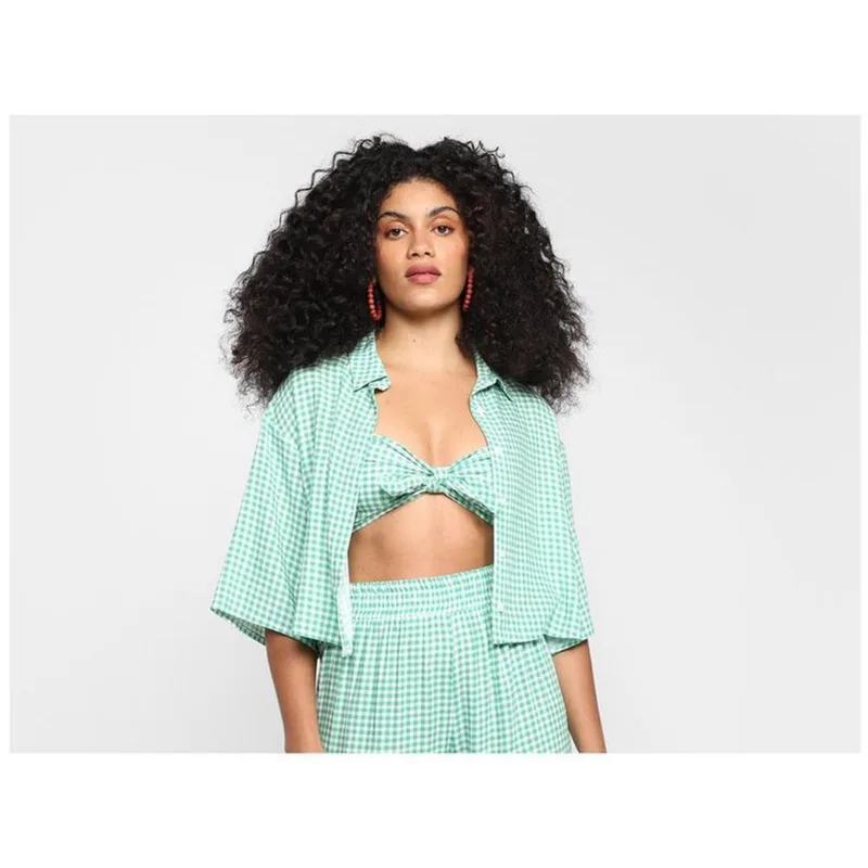 Camisa Cropped Vista Magalu Xadrez Manga Fluida