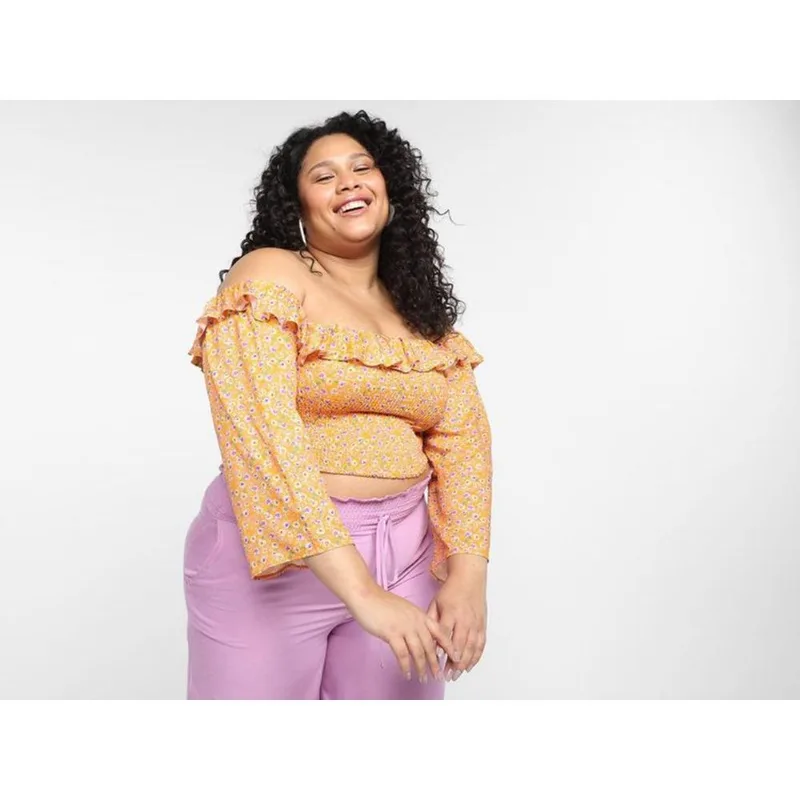 Blusa Vista Magalu Lastex Floral Babados Manga 3/4