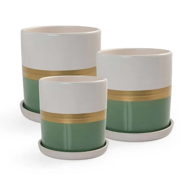 Kit 3 Vasos + Pratos Londres Fosco Pozzani - Porcelana Branco E Verde