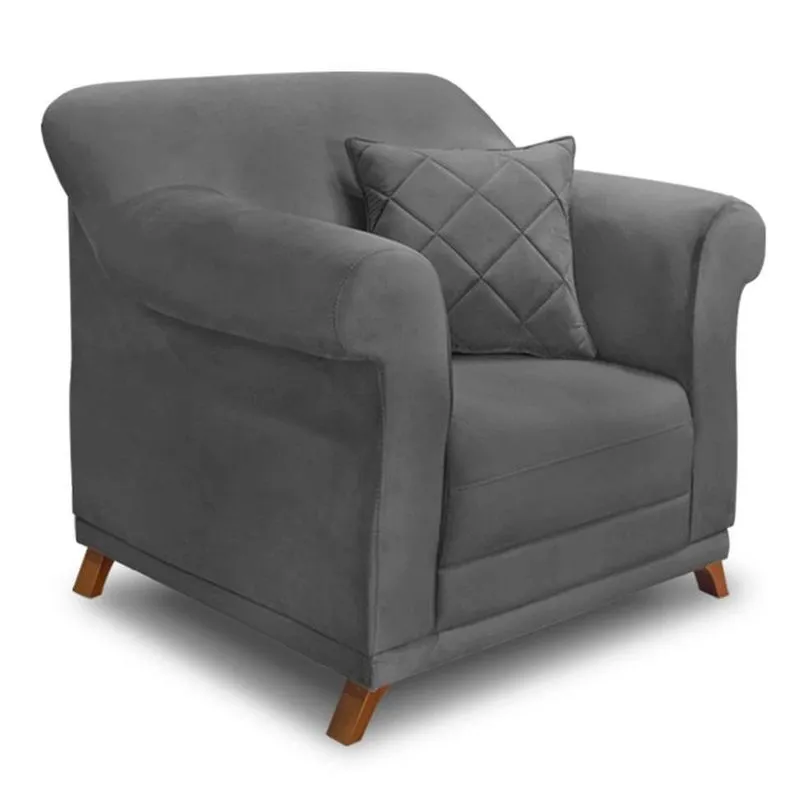 Poltrona Estofada Abruzzo Madeira Maciça Suede Cinza