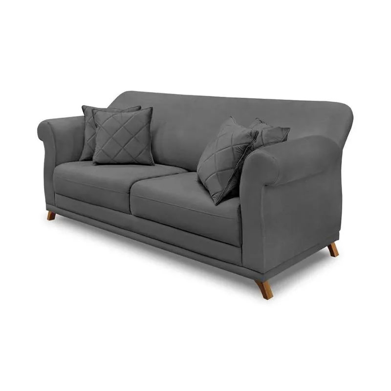 Sofá 3 Lugares Abruzzo Madeira Suede Cinza Escuro 200 cm