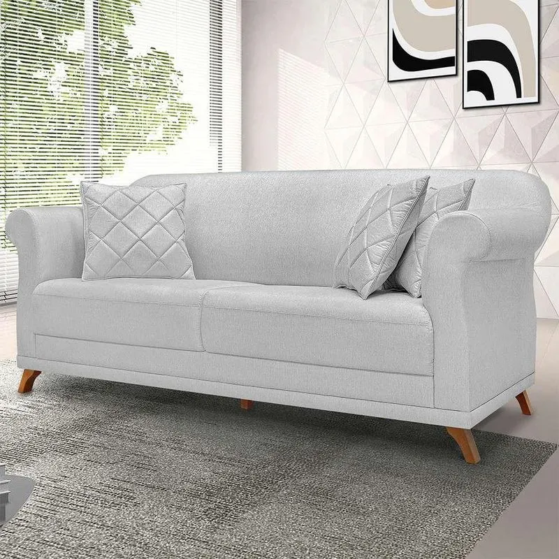 Sofá 3 Lugares Abruzzo Linho Rústico Madeira Grigio 180 cm