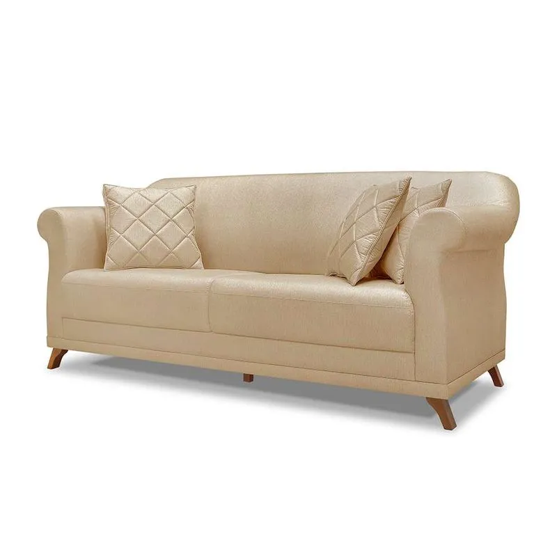 Sofá 3 Lugares Abruzzo Linho Madeira Dourado 200 cm