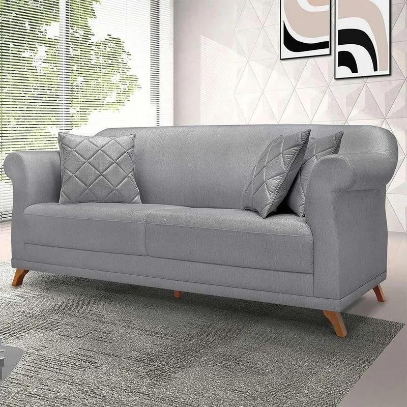 Sofá 3 Lugares Spezzia Decor Abruzzo Linho Cinza 220 cm