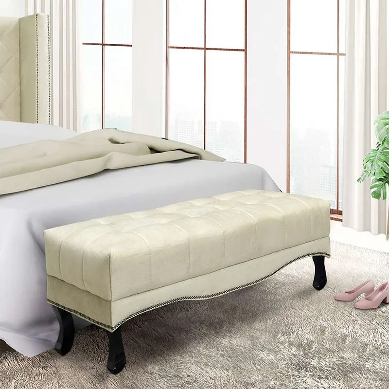 Recamier Calçadeira Vicenza Veludo Madeira Maciça Bege 160 cm