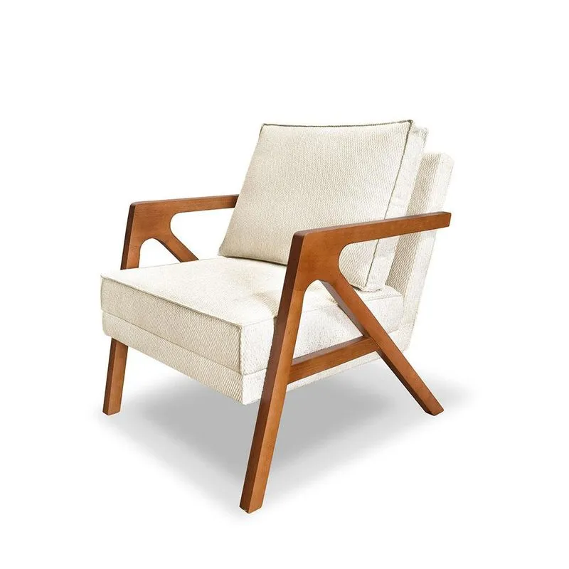 Poltrona Modern Laura Luxo Linho Bouclé Madeira Off-white