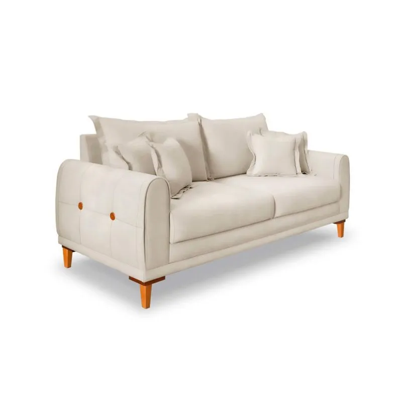 Sofá Living 3 Lugares Modern Design Lisboa Veludo Madeira Maciça Bege 220cm