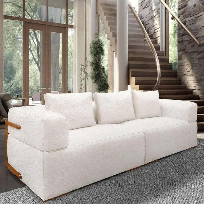 Sofá 4 Lugares 2,80m Em Tecido Bouclé Com Aplique Em Madeira – Scott Lucadi Off White