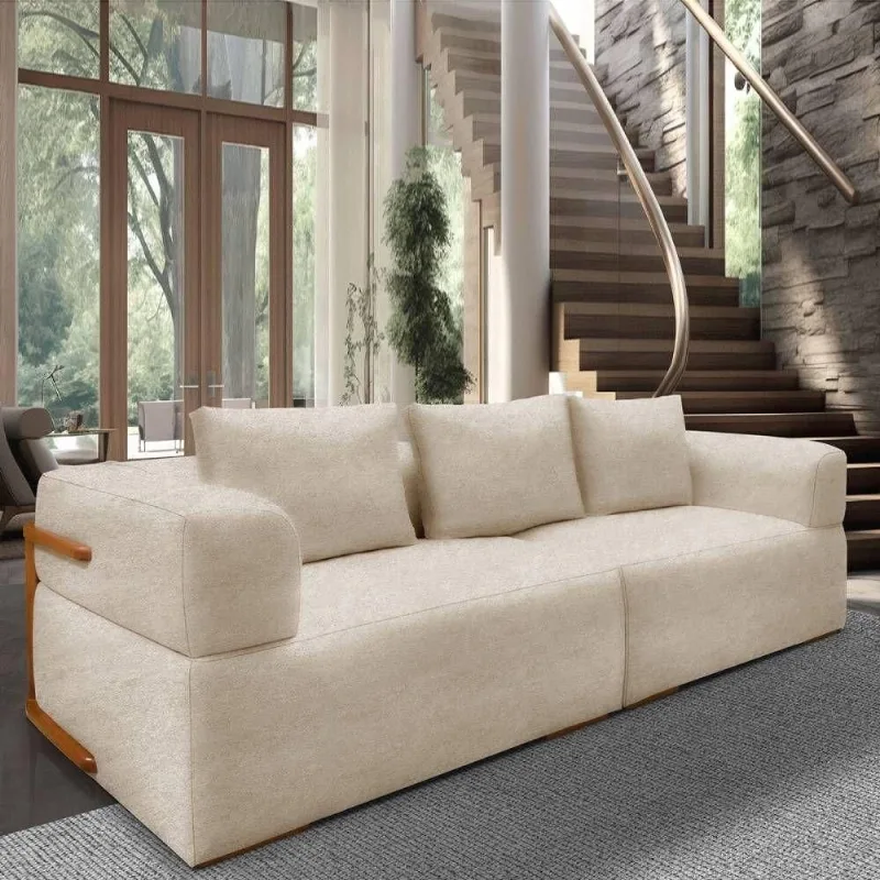 Sofá Scott 3 Lugares Fixo 220CM Bege Bouclé com Aplique em Madeira Lucas Home