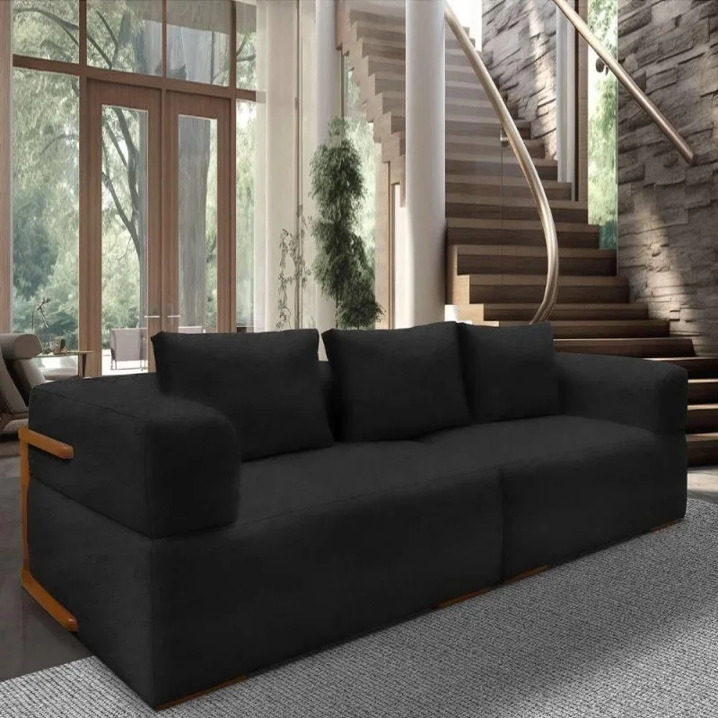 Sofá Scott 3 Lugares Fixo 220CM Preto Bouclé com Aplique em Madeira Lucadi