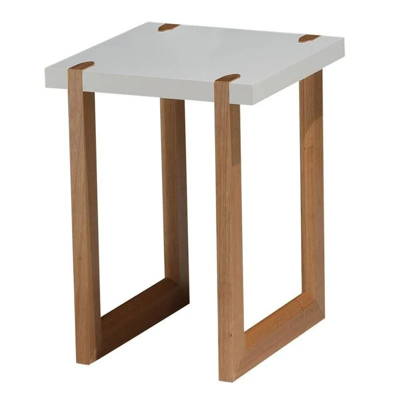 Mesa Lateral Zurique Univ 45 Cm Tampo De Madeira Laca Branca Base Madeira Amêndoa