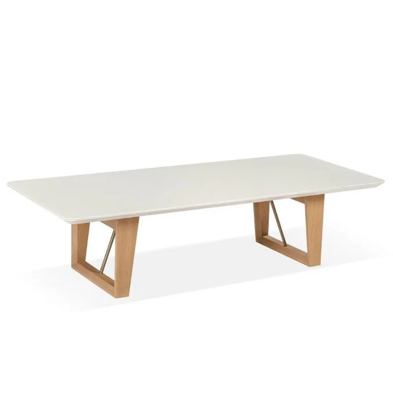 Mesa De Centro Roma Univ 140 Cm Tampo Madeira Vidro Colado Branco Base Madeira Amêndoa Metalizado