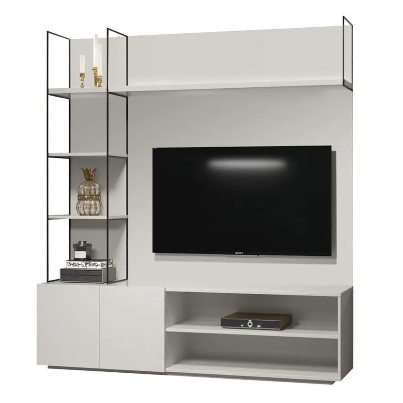 Estante Home Theater Helsinque Univ 180 Cm Laca Cinza Claro Off White Brilhante