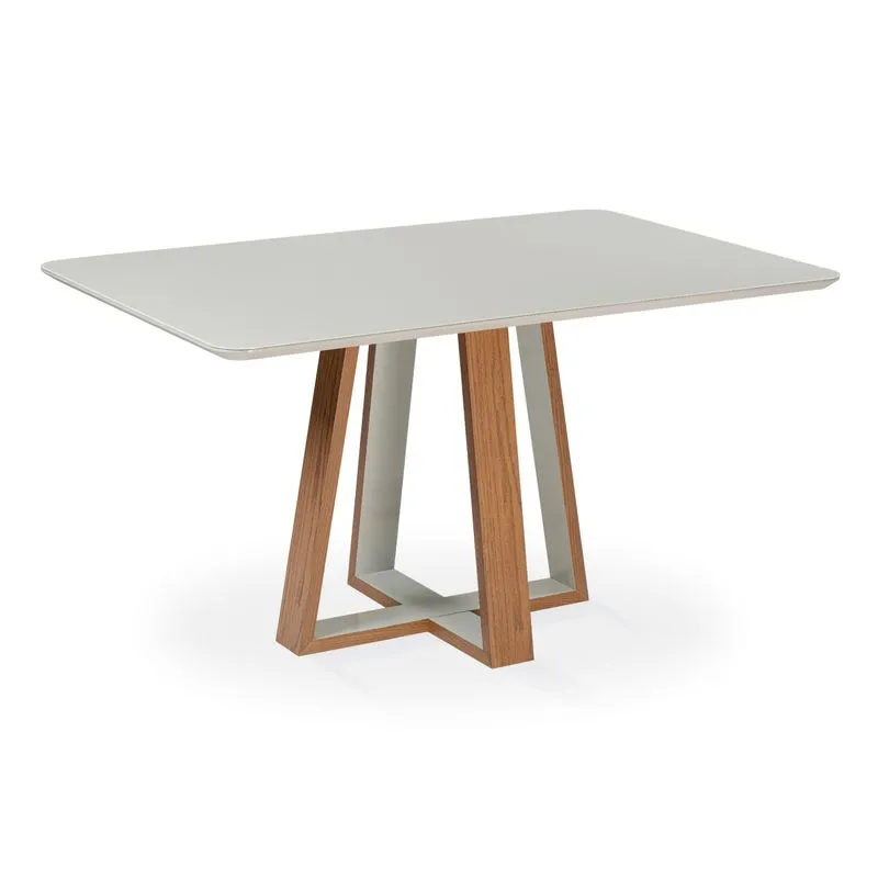 Mesa de Jantar Livia Emilly Retangular 140 cm com Tampo de Madeira Vidro Colado Cor Carvalho Améndoa com Laca Off White