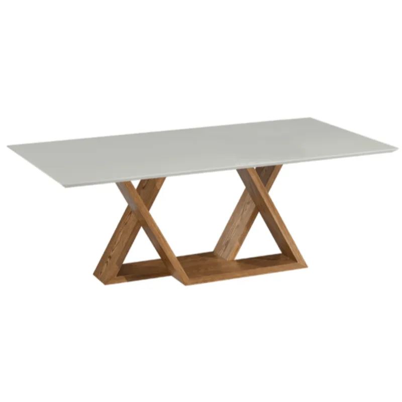 Mesa de Jantar Flora 220 cm Retangular Borda Reta com Tampo de Madeira com Vidro Colado Cor Carvalho Mel com Laca Branco Brilhante