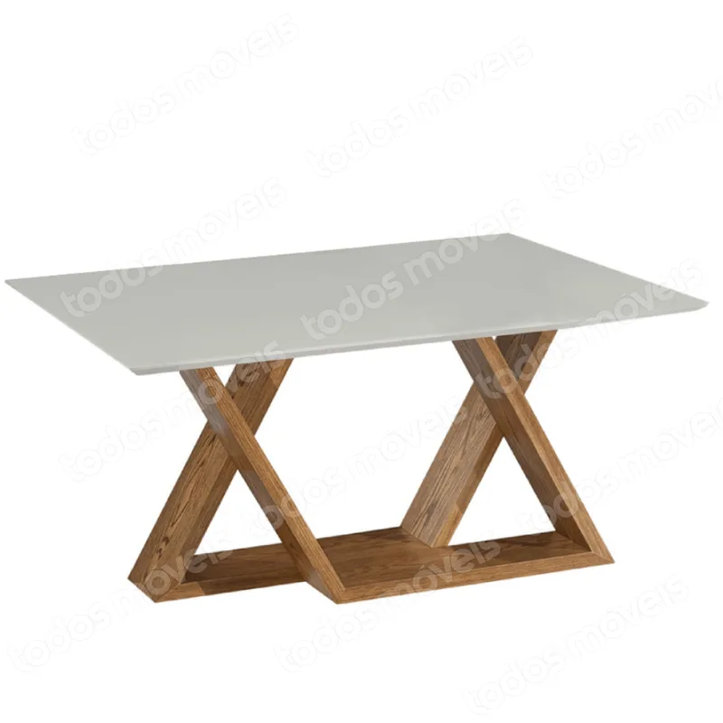 Mesa de Jantar Flora 140 cm Quadrada Borda Reta com Tampo de Madeira Vidro Colado Cor Carvalho Mel com Laca Branco Brilhante