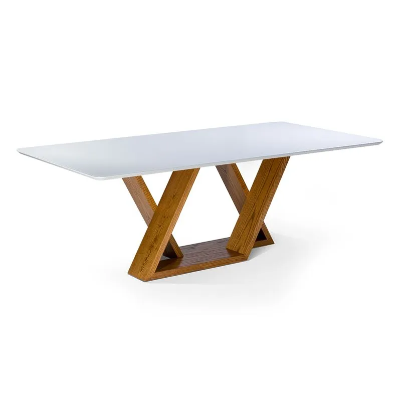 Mesa de Jantar Livia Flora 220 cm Retangular Borda Arredondada Tampo de Madeira Vidro Colado Carvalho Mel Laca Off White