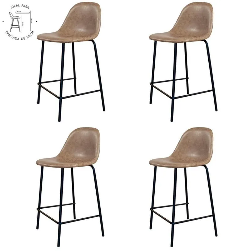 Kit 4 Banquetas Baixas Tânia Rivatti 95 Cm (Altura) Em Poliuretano Marrom Vintage Base Aço Preto