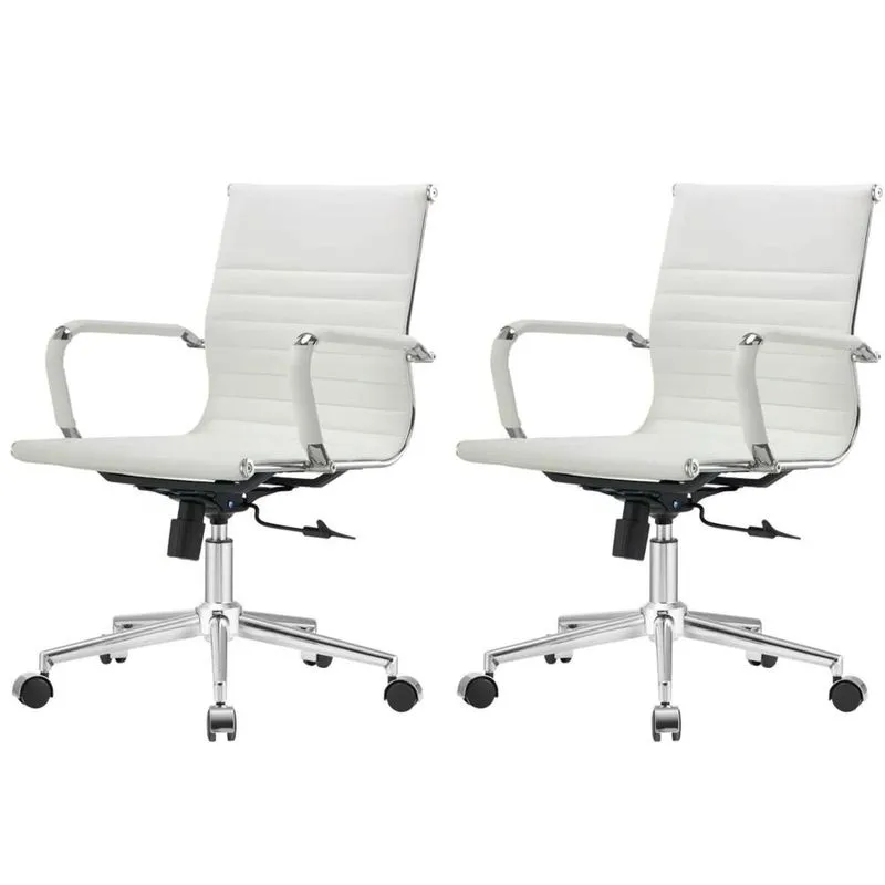 Kit 2 Cadeiras Giratória Baixa Office Manhattan Esteirinha Fratini Revestida em (pu) Branco Base Rodízio