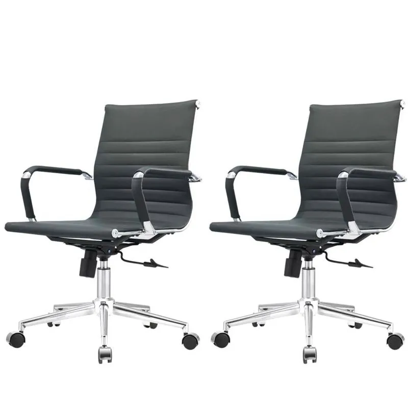 Kit 2 Cadeiras Giratória Baixa Office Manhattan Esteirinha Fratini Revestida em (PU) Preto Base Rodízio