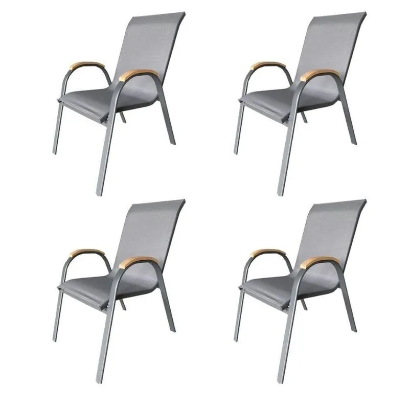 Kit 4 Cadeiras Empilhável Com Braço Pipa Maresias Fratini 96 Cm Altura Alumínio E Assento Tela Cinza