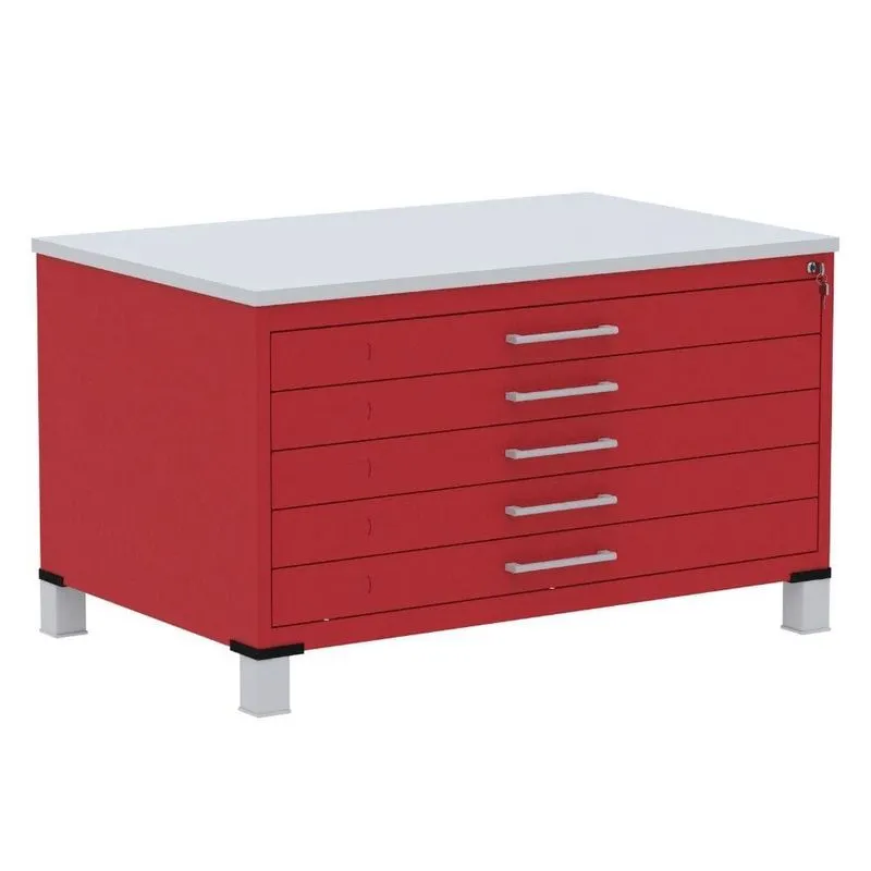 Mapoteca 5 Gavetas Pandin 120 cm (Larg) Inmetro Tampo mdp Cinza Estrutura e Gavetas em Aço Vermelho