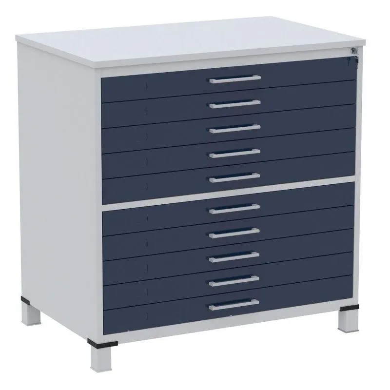Mapoteca 10 Gavetas Pandin 120 Cm (larg) Inmetro Tampo Mdp Cinza Estrutura Aço Cinza Gavetas Azul