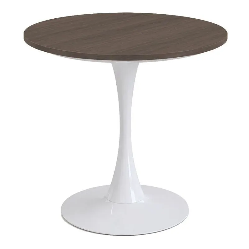 Mesa de Jantar Saarinen Fratini Aço Branco Base Tampo MDP Redondo 80cm Walnut