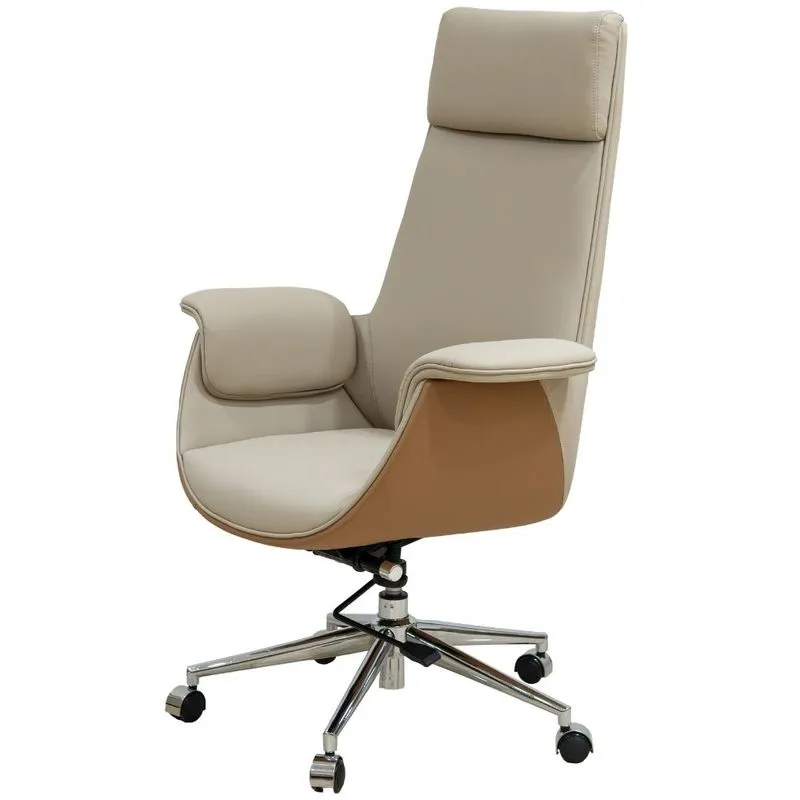 Cadeira Escritório Presidente Star Domann Design Composê Camel Marrom PU Bege Base Metal
