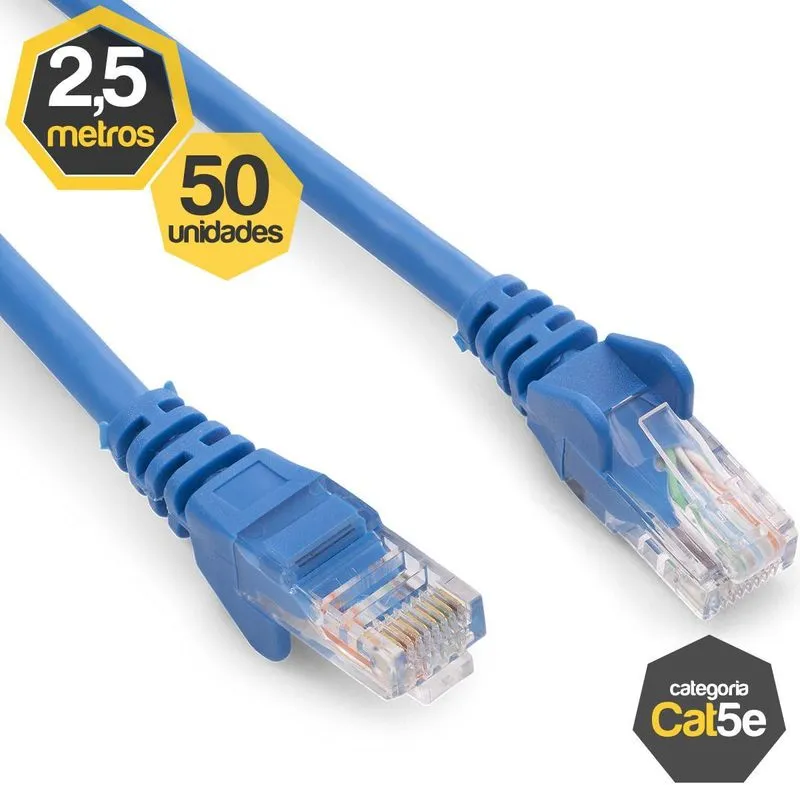 Kit 50 Patch Cord Cat5e Azul 2,50 Metros
