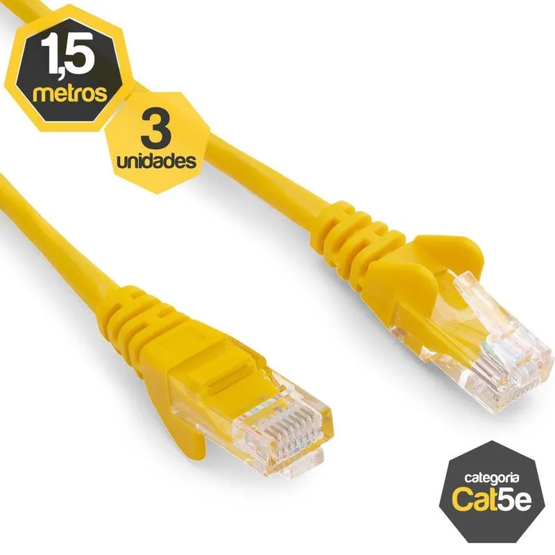 Kit 3 Patch Cord Cat5e Amarelo 1,50 Metros