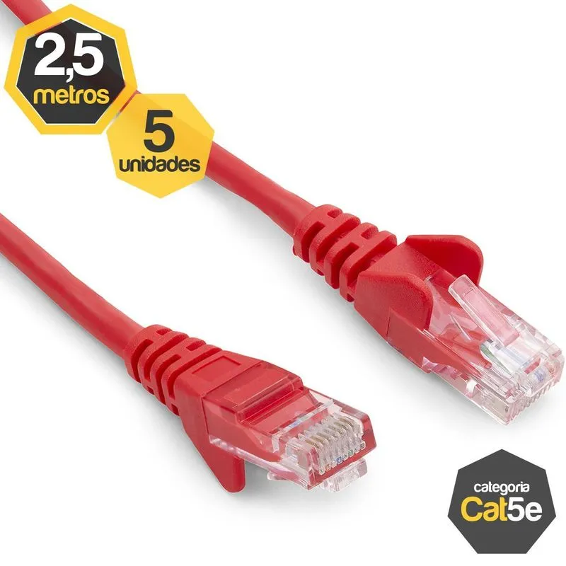 Kit 5 Patch Cord Cat5e Vermelho 2,50 Metros