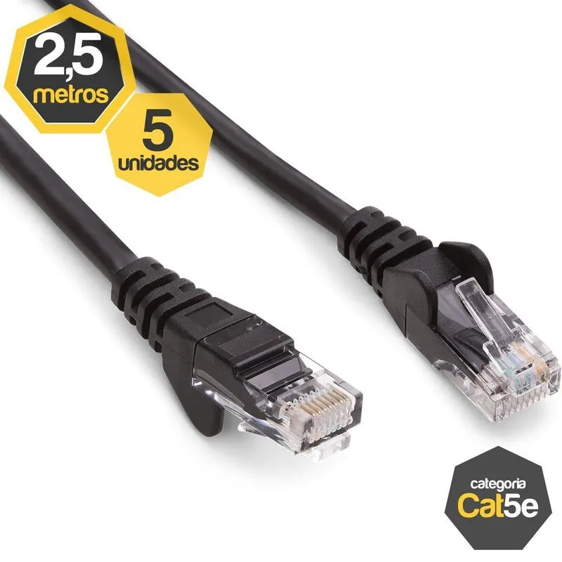 Kit 5 Patch Cord Cat5e Preto 2,50 Metros