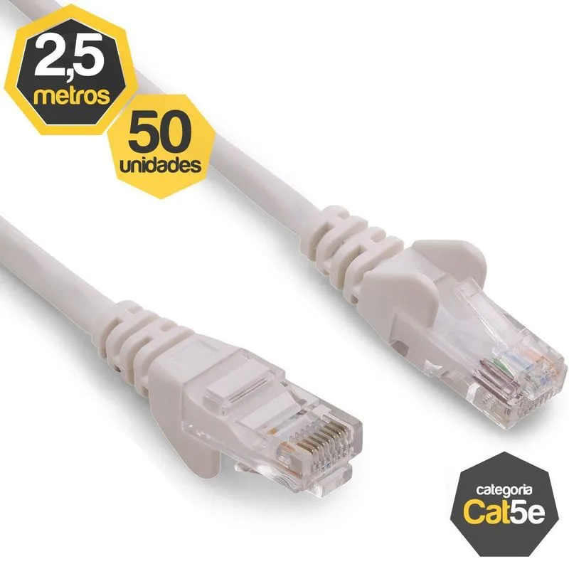 Kit 50 Patch Cord Cat5e Branco 2,50 Metros