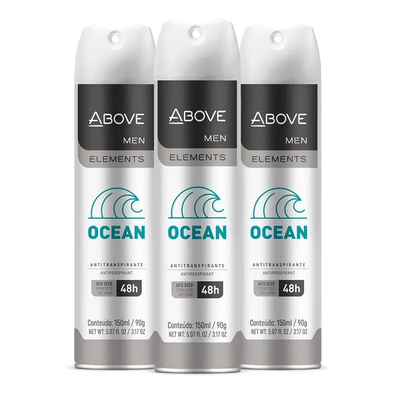 Kit 3 Desodorantes Above Men Elements Ocean 48h 150ml/90g